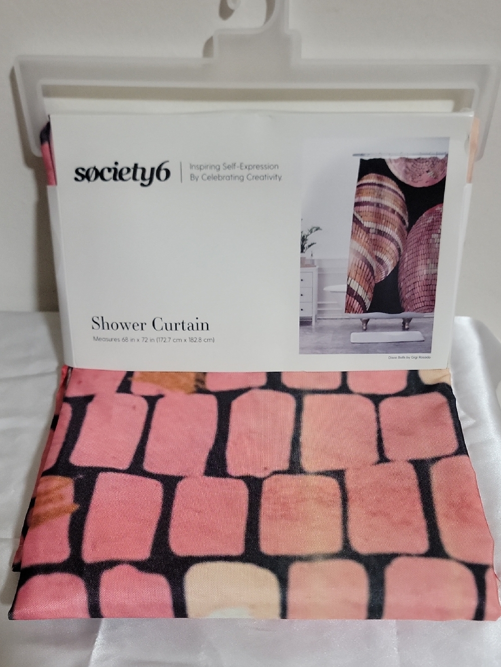 Society6 Pink and Peach Discoball Tile Shower Curtain By Gigi Rosado